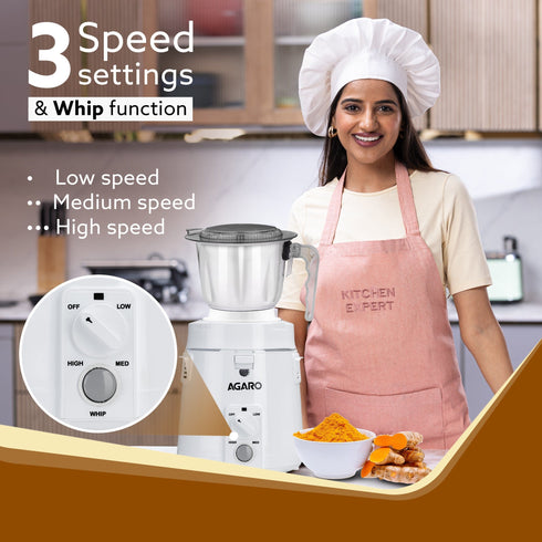 Royal Mixer Grinder 900W, Heavy Duty, 100% Pure Copper Motor, 3 Stainless Steel Jar, 3 Speed, Whip Function, Stainless Steel Blades, Wet & Dry Grinding, White